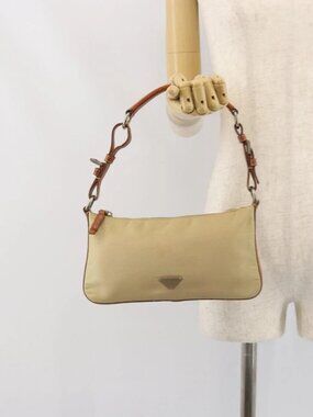 PRADA Hand Pouch Nylon Leather Beige Silver